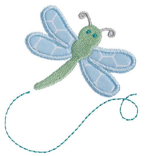 Close up of an exclusive Deacon Lane dragonfly applique design on a white background
