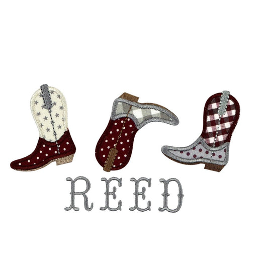 Trio Appliqued Boots w/Name - Grey Check/Maroon/ Cream Stars T-Shirt