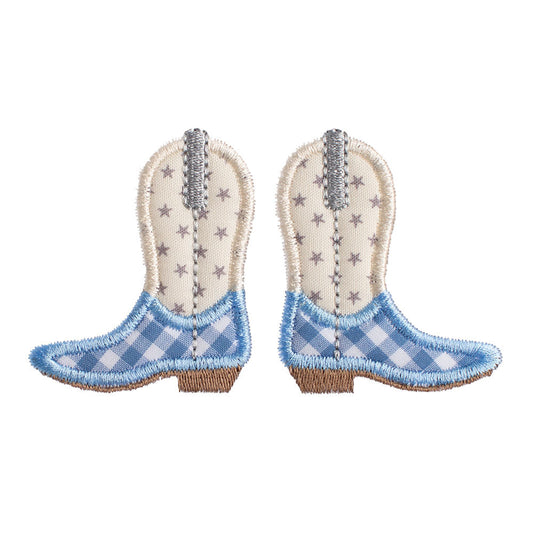 Close up of Deacon Lane's Shooting Stars Cowboy Boot applique in cream, light blue, and grey.