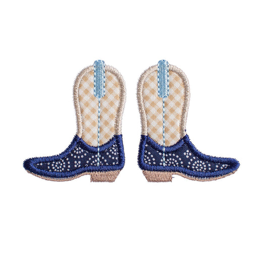 Close-up of the pair of appliqued cowboy boots with navy blue and khaki bias check design