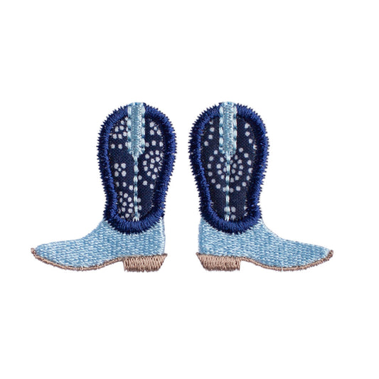 Pair of appliqued navy blue cowboy boots that can be personalized with an embroidered name