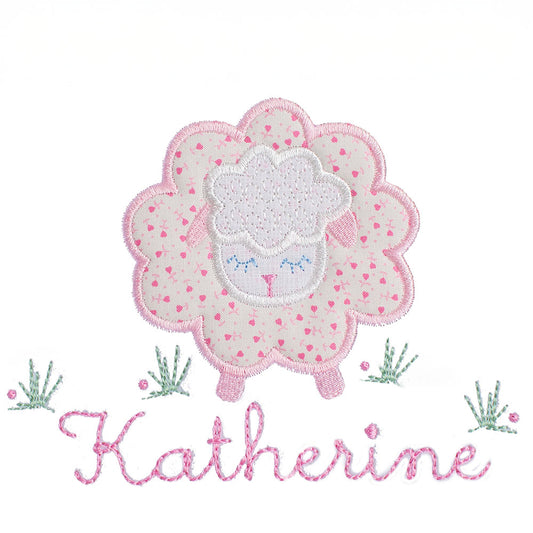 original hand made applique of a sheep from a delicate pink floral fabric