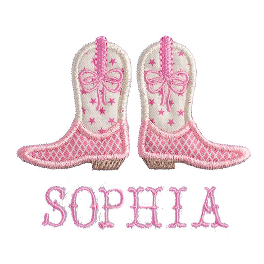 Shooting Stars Cowboy Boots + Bows Applique Bib/Fabric Burp Pad Set - Pink