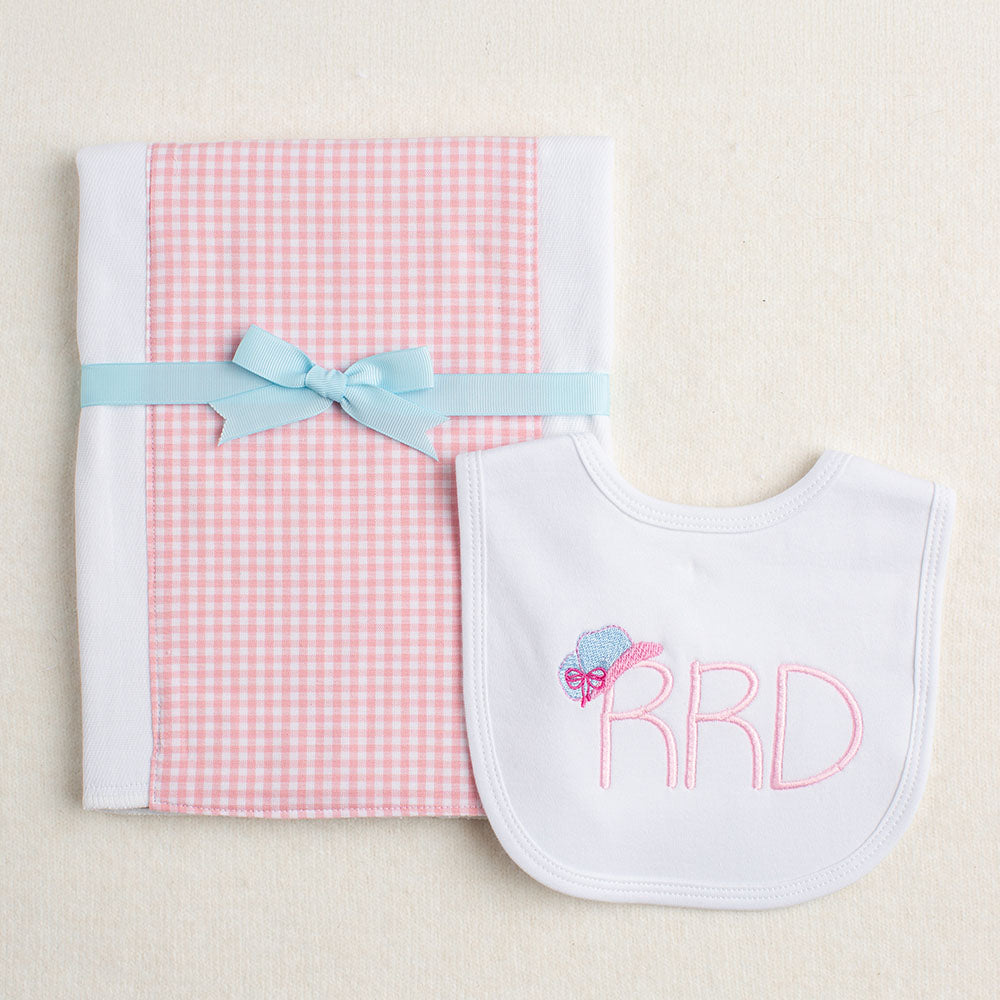 Tip Your Hat Shabby Chic Embroidered Initials Bib with Pink Check Fabric Burp Cloth