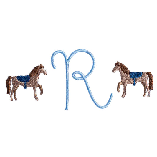 Embroidered blue single initial monogram with a horse theme with two embroidered mini horses on the side. Could be a western theme as well. Boutique baby gift
