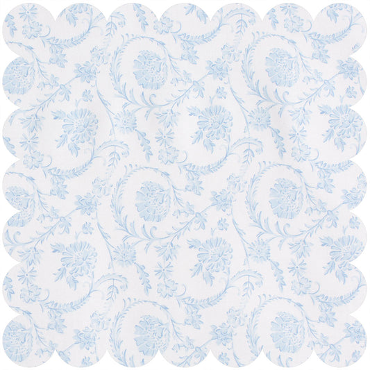 Blue floral toile fabric.
