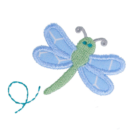 Deacon Lane Signature Design of an Appliqued dragonfly with blue hex fabric wings and green body on a white background