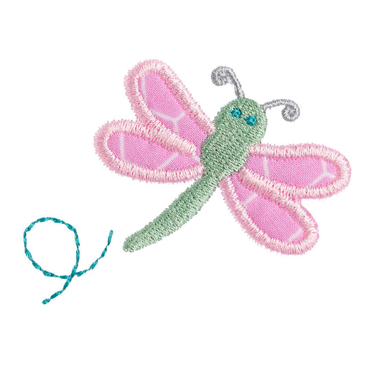 Close-up of Deacon Lane's signature pink dragonfly applique in pink, green, and teal