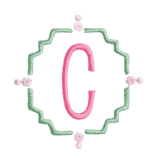 Close up of monogram design that coordinates with the Deacon Lane Dragonfly group