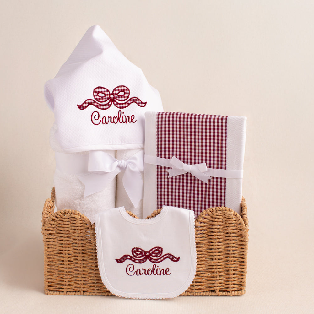 3 piece baby gift set in Aggie colors personalized with an appliqued maroon bow and an embroidered name