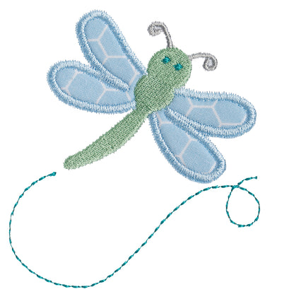 Close up of an exclusive Deacon Lane dragonfly applique design on a white background