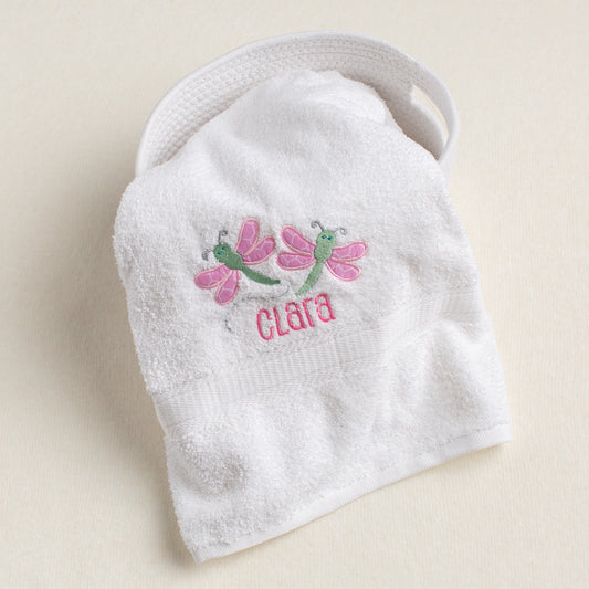 White cotton bath towel for all ages through toddler with a pair of appliquéd dragonflies with a personalized name