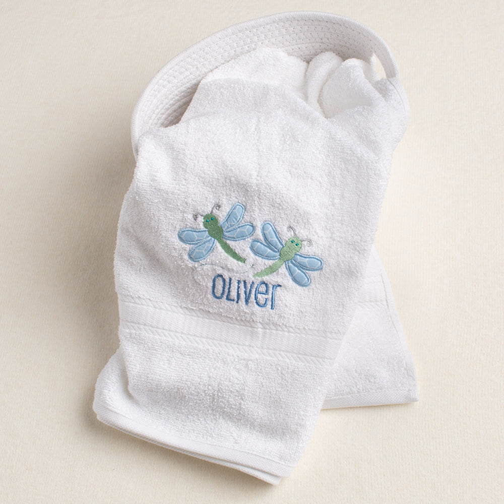 White cotton bath towel for all ages through toddler with a pair of appliquéd dragonflies with a personalized name