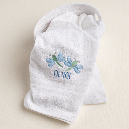 White cotton bath towel for all ages through toddler with a pair of appliquéd dragonflies with a personalized name