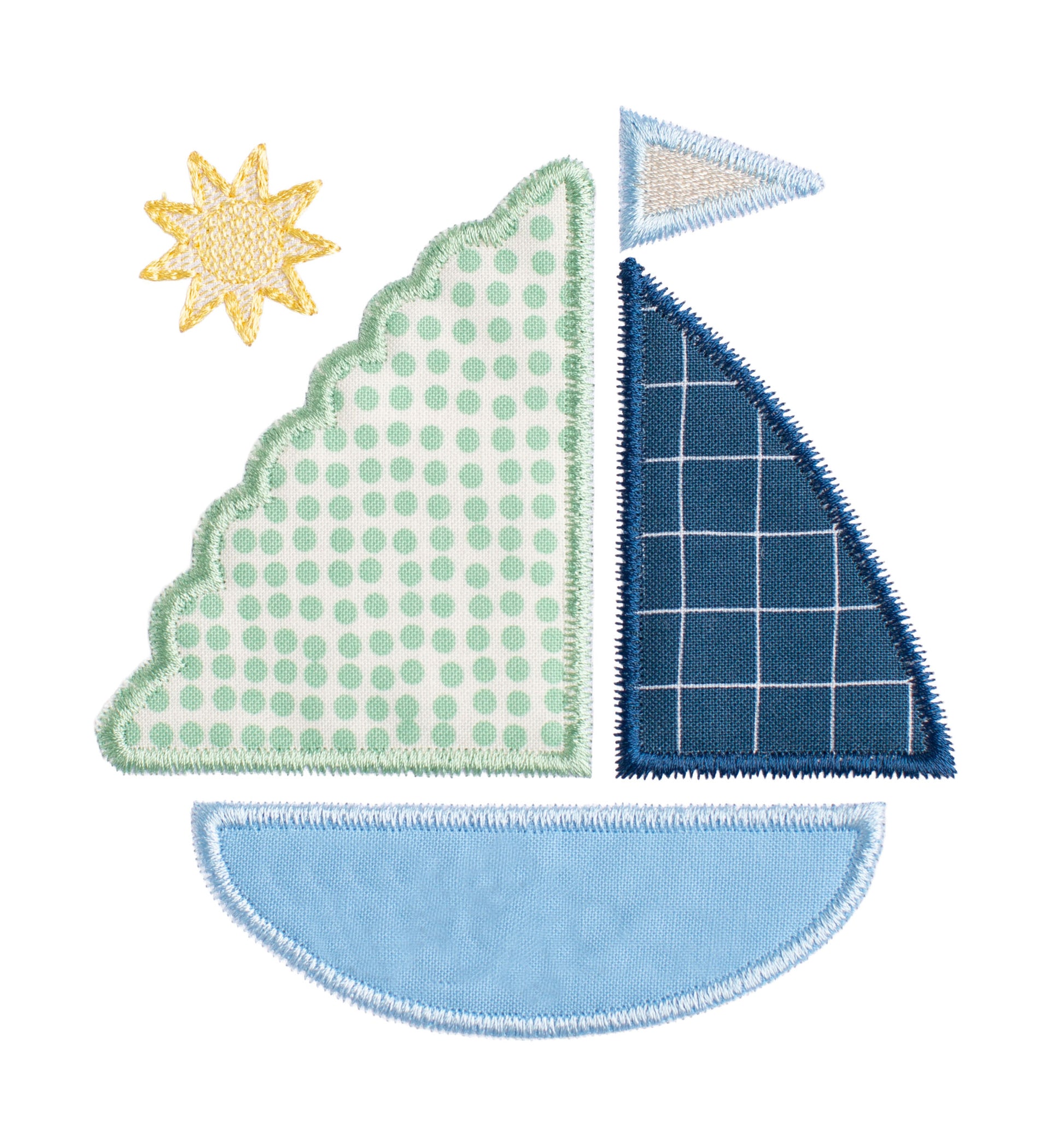 closeup of Deacon Lane's applique sailboat with sun