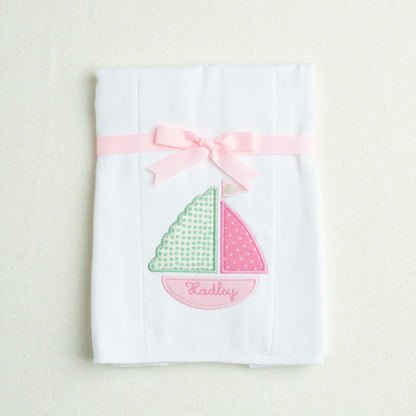 white burp cloth with Deacon Lane's Pink Sailboat Applique in pink, green, white, and cream