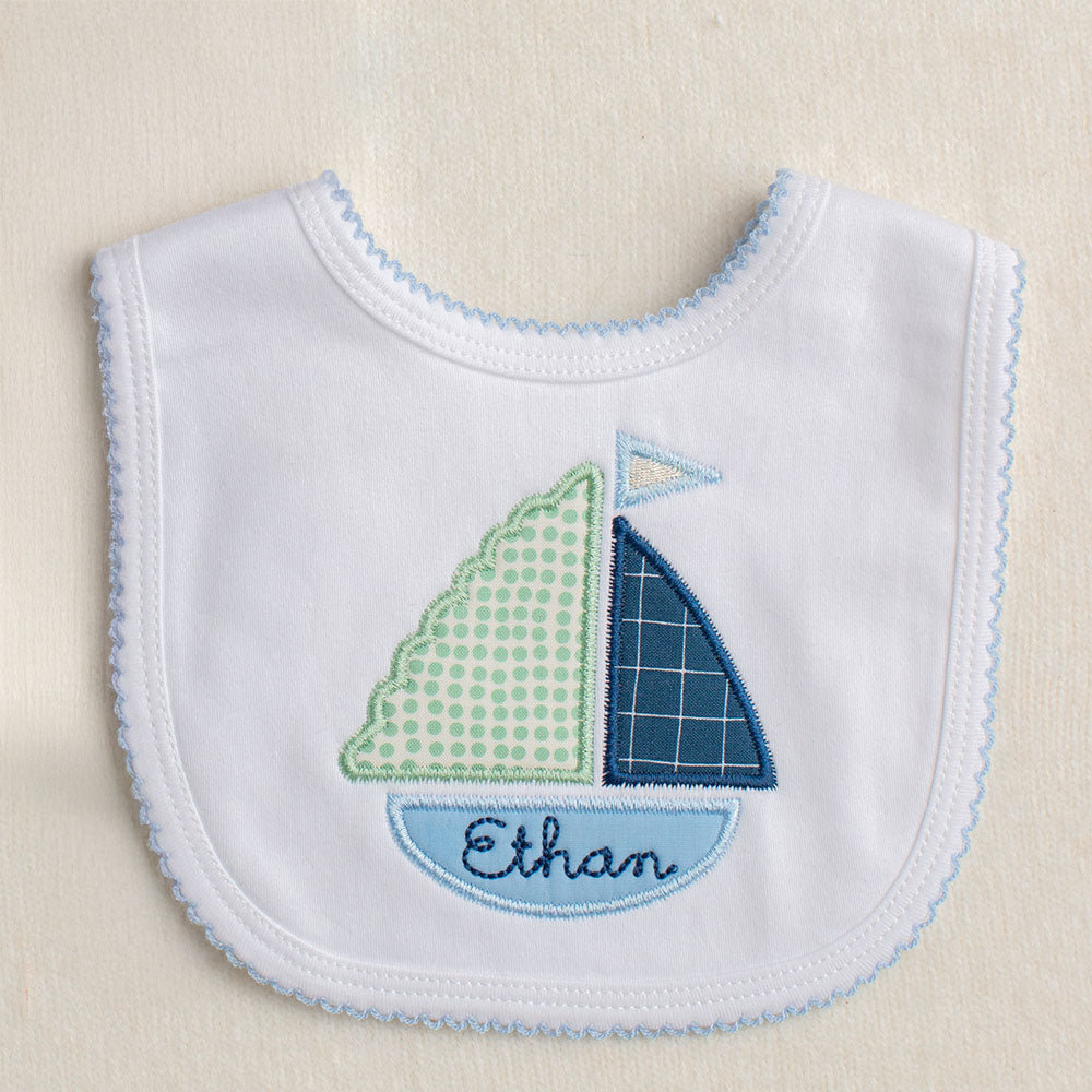 Boy Appliqued Blue Sailboat Picot Bib