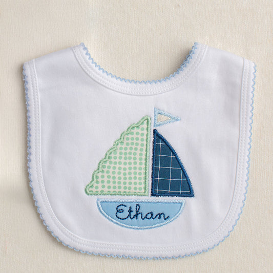 Boy Appliqued Blue Sailboat Picot Bib