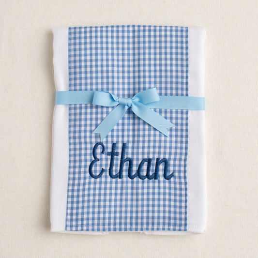 Boutique burp cloth with blue gingham check panel embroidered with a name