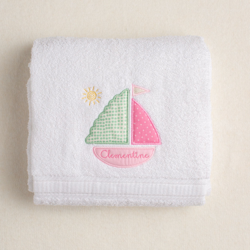 Girl Appliqued Pink Sailboat Appliqued Bath Towel