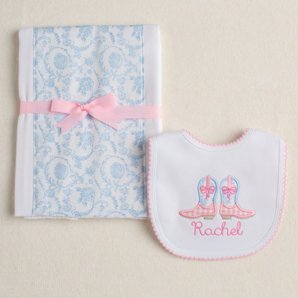 2 piece set for boutique baby gift giving featuring a Shabby Chic cowgirl theme with pink and blue toile applique cowgirl boots with boys.  Personalized with embroidery in a child-like script font.