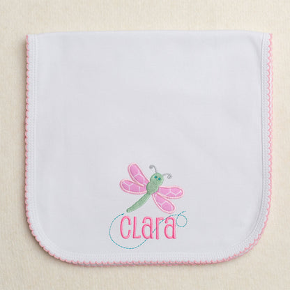 Picot trimmed burp pad with pink and green dragonfly applique and embroidered name