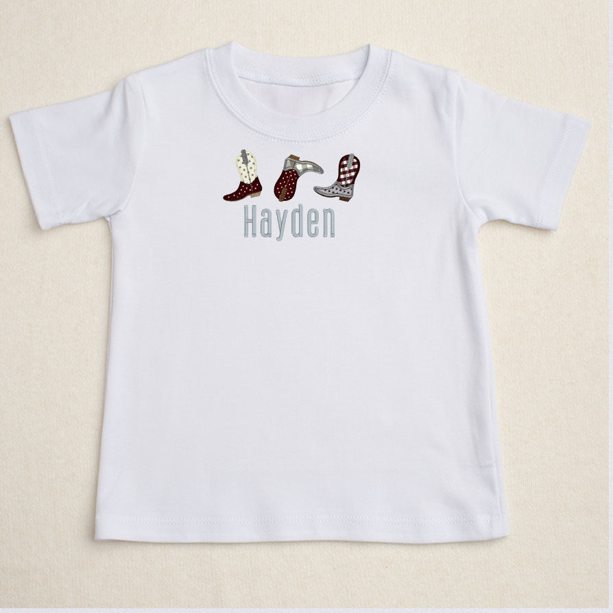 Trio Appliqued Boots w/Name - Grey Check/Maroon/ Cream Stars T-Shirt