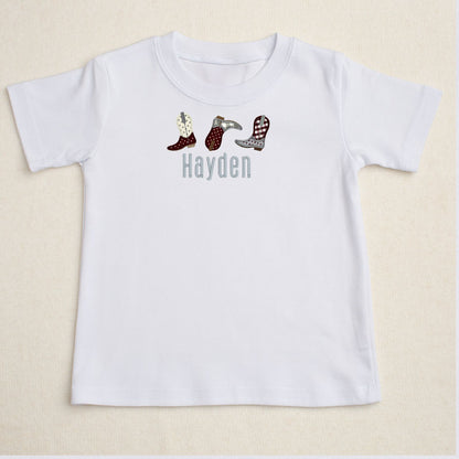 Trio Appliqued Boots w/Name - Grey Check/Maroon/ Cream Stars T-Shirt