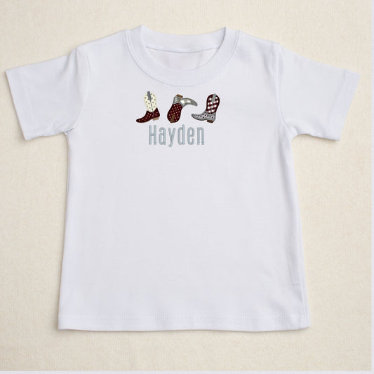 Trio Appliqued Boots w/Name - Grey Check/Maroon/ Cream Stars T-Shirt