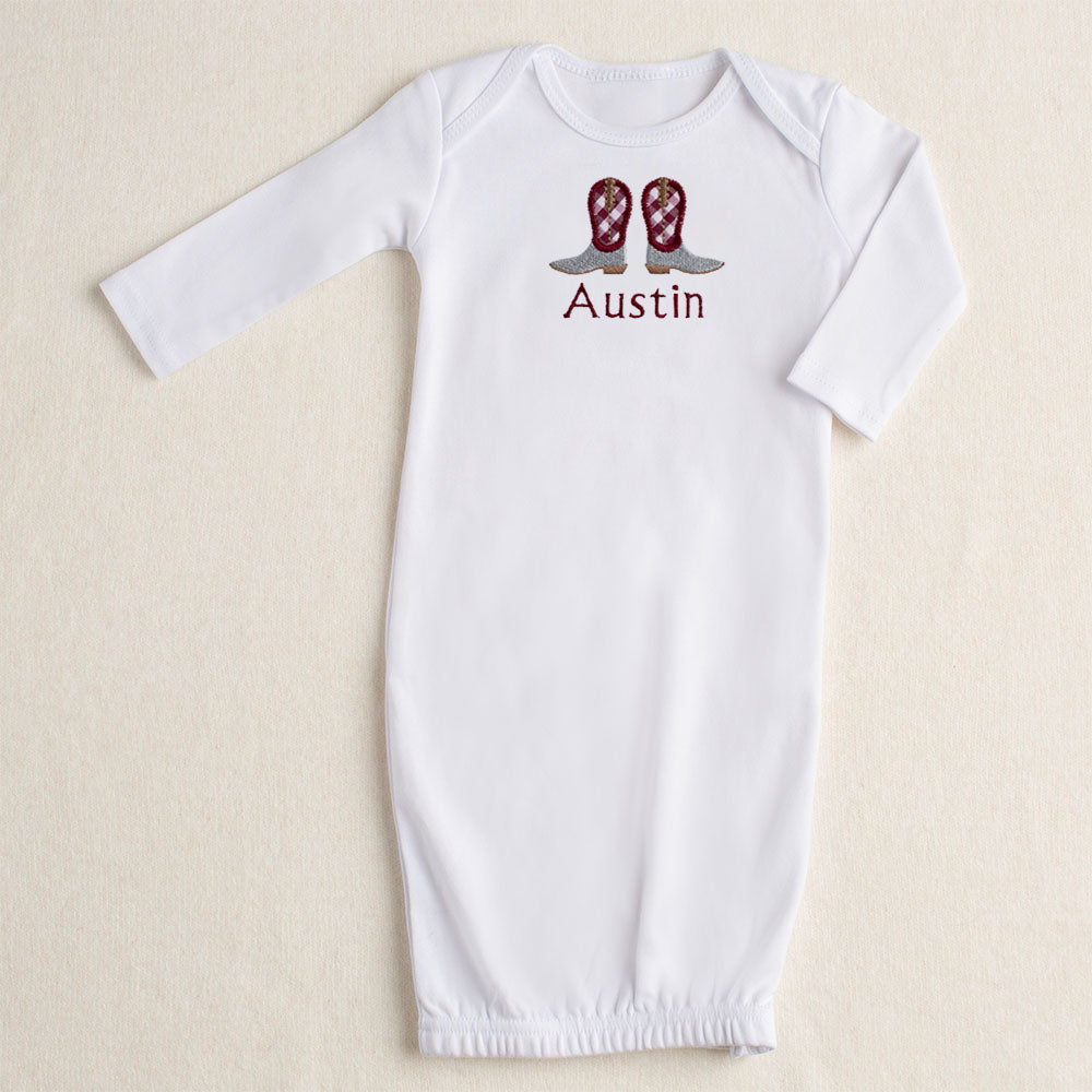 Cowboy Boots Applique Gown - Grey Check/Maroon