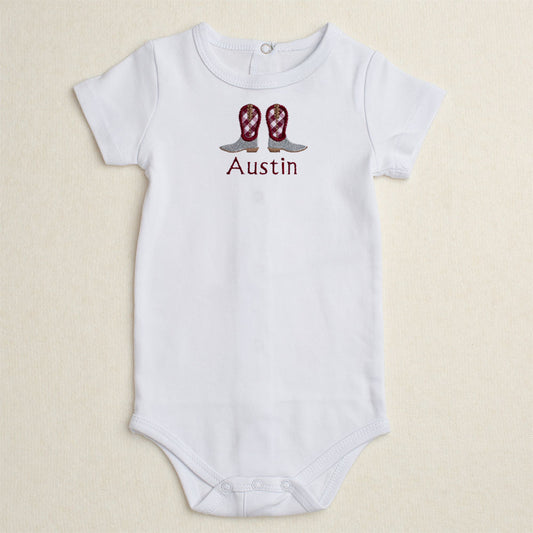 Cowboy Boots Applique Onesie in Maroon