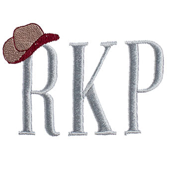 Close up of Deacon Lane's exclusive Tip Your Hat embroidery in maroon, grey, and brown