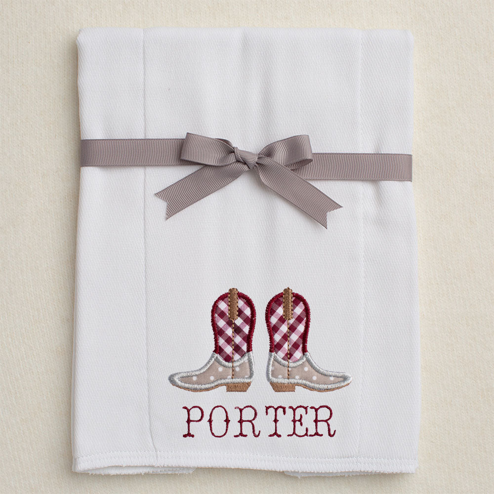 Cowboy Boots Applique Burp Pad  - Grey Check/Maroon