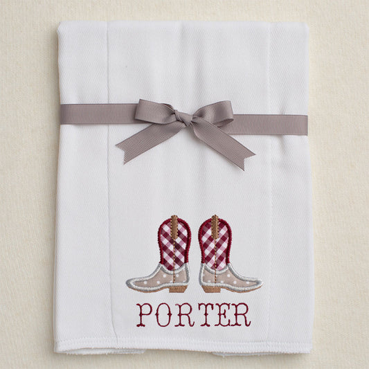 Cowboy Boots Applique Burp Pad  - Grey Check/Maroon