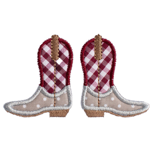 Cowboy Boots Applique Burp Pad  - Grey Check/Maroon
