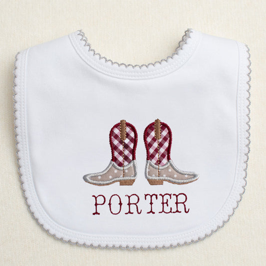 Aggie bib with applique cowboy boot design in maroon and grey