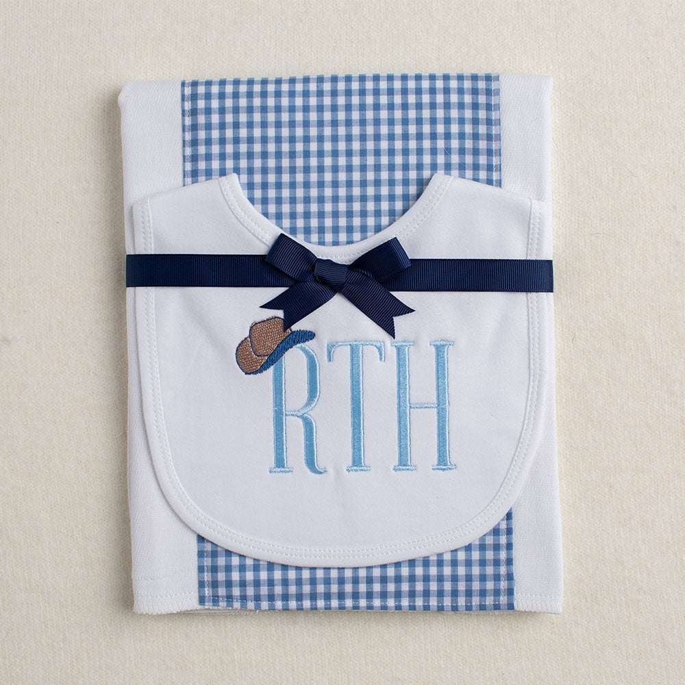 Tip Your Hat Just Like a Cowboy Embroidered Initials Bib with Blue Check Fabric Burp Cloth