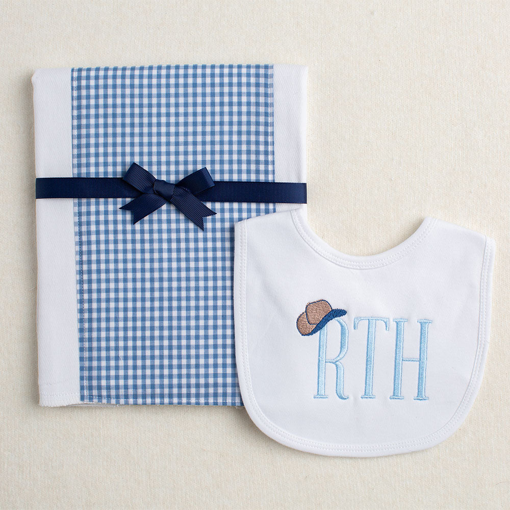 Tip Your Hat Just Like a Cowboy Embroidered Initials Bib with Blue Check Fabric Burp Cloth