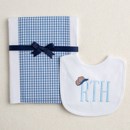 Tip Your Hat Just Like a Cowboy Embroidered Initials Bib with Blue Check Fabric Burp Cloth