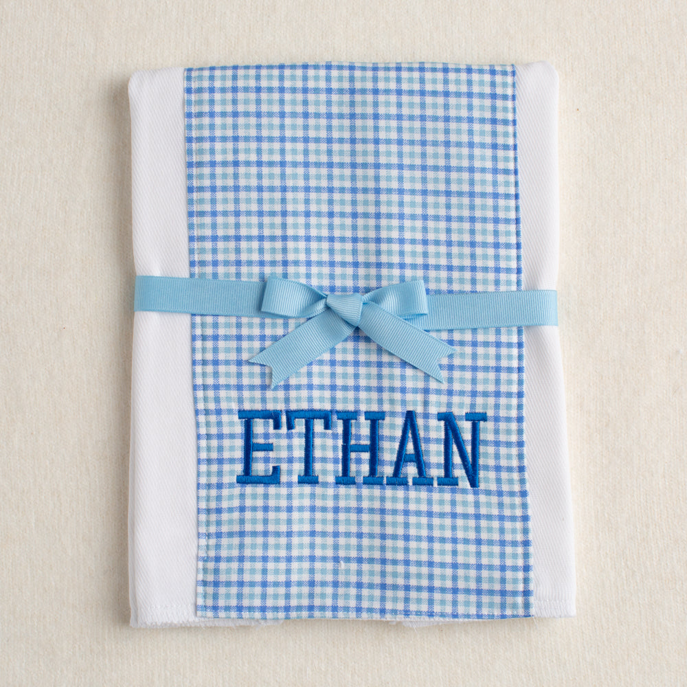 Personalized fabric burp pad made of a 100% cloth diaper for a one of a kind unique baby boutique gift