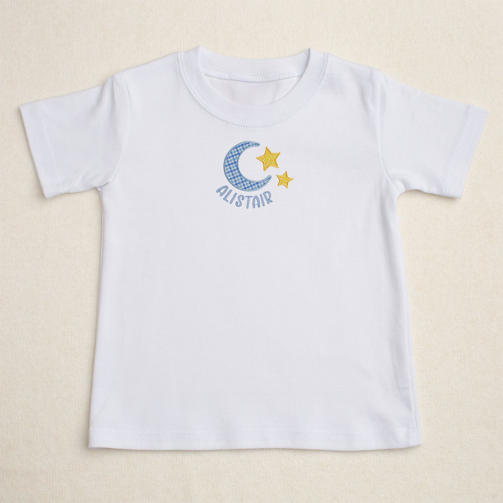 white t-shirt with Deacon Lane's exclusive moon and star applique from their Bella Notte collection.  Big brother boutique baby gift.