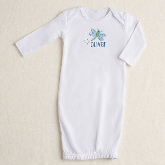 White cotton baby gown with zipper closure with embroidered dragonfly and personalized name for specialty gift giving.
