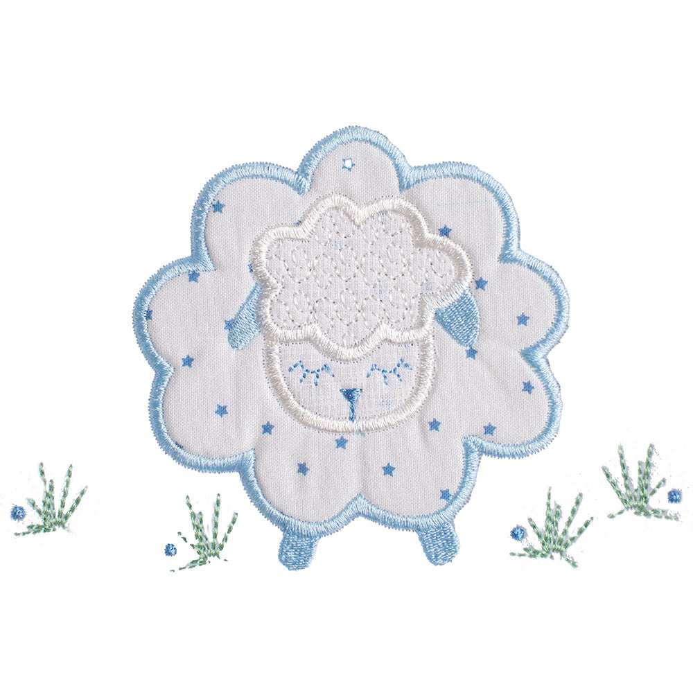 Close up of Deacon Lane's Blue Fluffy Sheep applique that is a one of a kind design only found at DL.  Hand made.