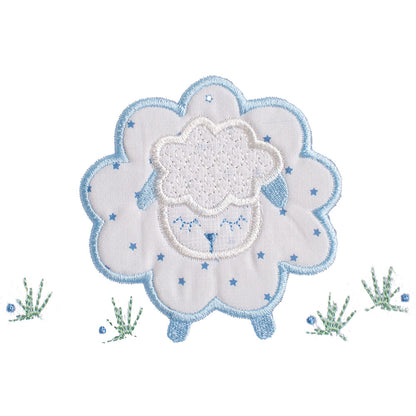 Close up of Deacon Lane's Blue Fluffy Sheep applique that is a one of a kind design only found at DL.  Hand made.