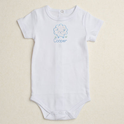 All cotton bodysuit with short sleeves and a blue sheep applique that can be personalized with embroidery