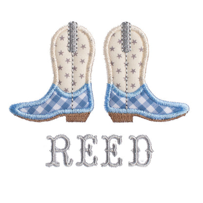 Close up of Deacon Lane's Shooting Stars Cowboy Boot applique in cream, light blue, and grey.