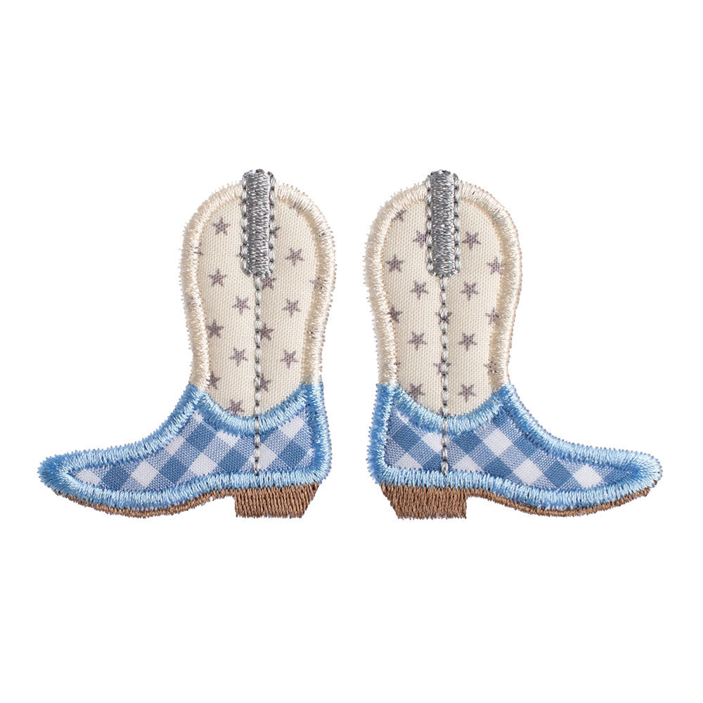Close up of Deacon Lane's Shooting Stars Cowboy Boot applique in cream, light blue, and grey.