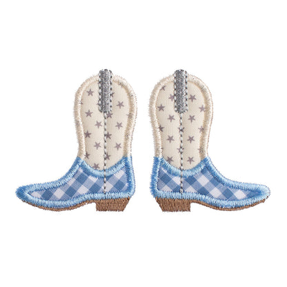 Close up of Deacon Lane's Shooting Stars Cowboy Boot applique in cream, light blue, and grey.