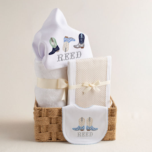 3 Piece Shooting Stars Charming Bundle from Deacon Lane with hooded towel, burp cloth, and bib with cowboy/western motif.