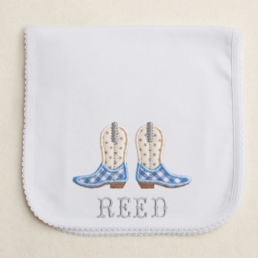 Blue Shooting Star Applique Knit Burp Cloth Pad w/Picot Edge